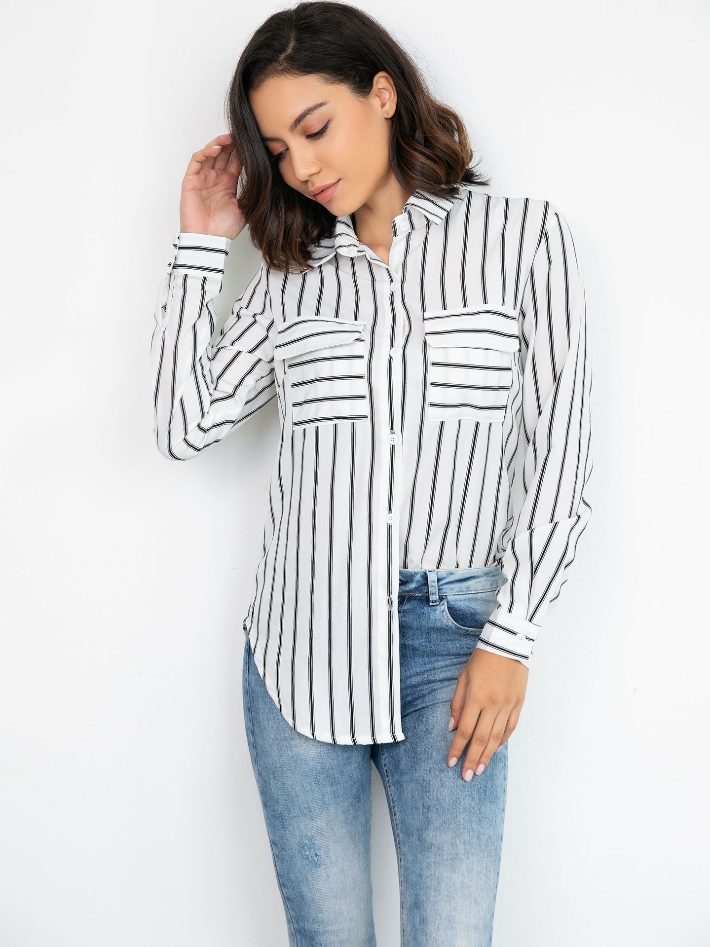 Title 4, Sexy vertical stripe shirt V-Neck long sleeve t...