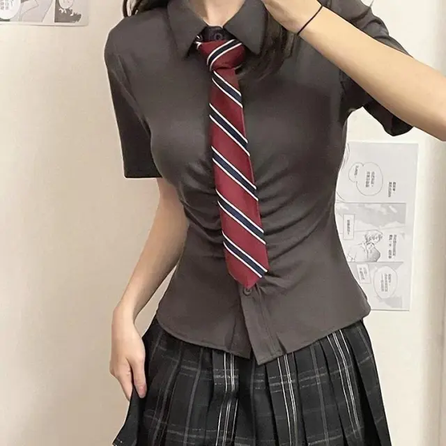 Slim fit Pleated All match Senior Girl's Top Summer Gray Suit - Shop at LoveMi