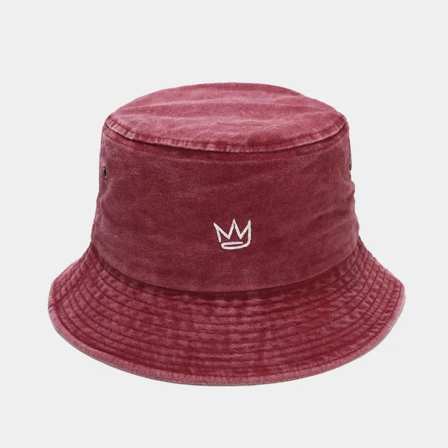 Crown Embroidered Fisherman Hat Washed Cotton Vintage Distressed Wine Red - Shop at LoveMi
