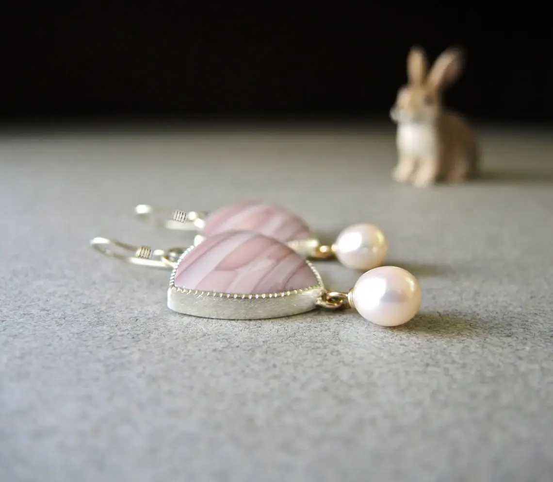 New Style Pink Opal And Pearl Earrings