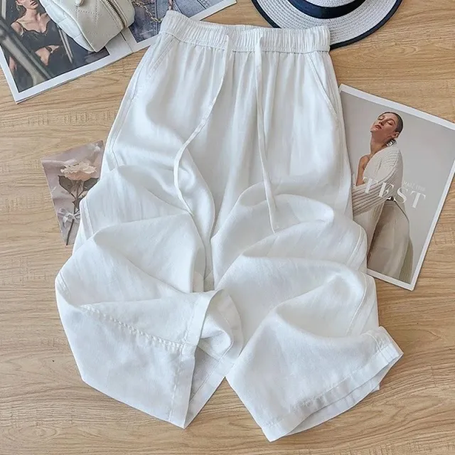 High Waist Drape Linen Cropped Straight Pants White - Shop at LoveMi