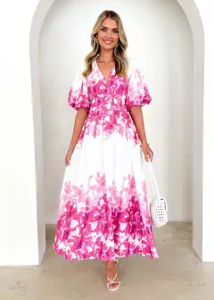 Spaghetti-strap Floral Print Fairy Mid-length Elegant Big Hem Dress - Rose Red - View 1