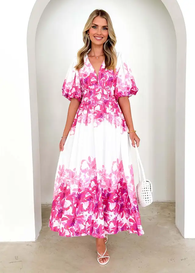 Spaghetti strap Floral Print Fairy Mid length Elegant Big Hem Dress Rose Red - Shop at LoveMi