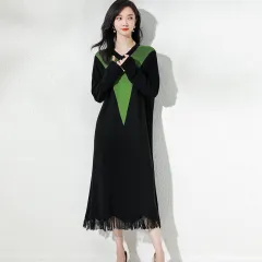 Mid-length Knitted Ice Silk Stitching Thin Tassel Dress - 58605 Classic Black Dress - View 1
