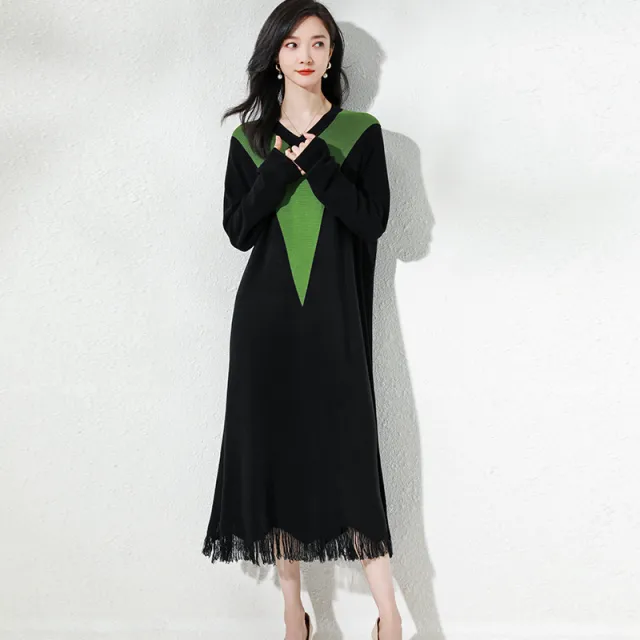 Mid length Knitted Ice Silk Stitching Thin Tassel Dress 58605 Classic Black Dress - Shop at LoveMi