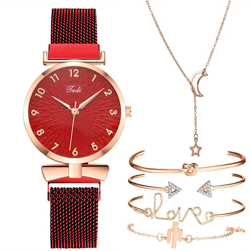 Casual Gift Set Women Disc Mesh Belt Quartz Watch Bracelet Bangle Set 6pcsset - Jewelry & Watches