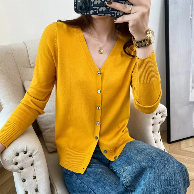 Cardigan V neck Sweater Loose Bottoming Sweater Turmeric L - Shop at LoveMi