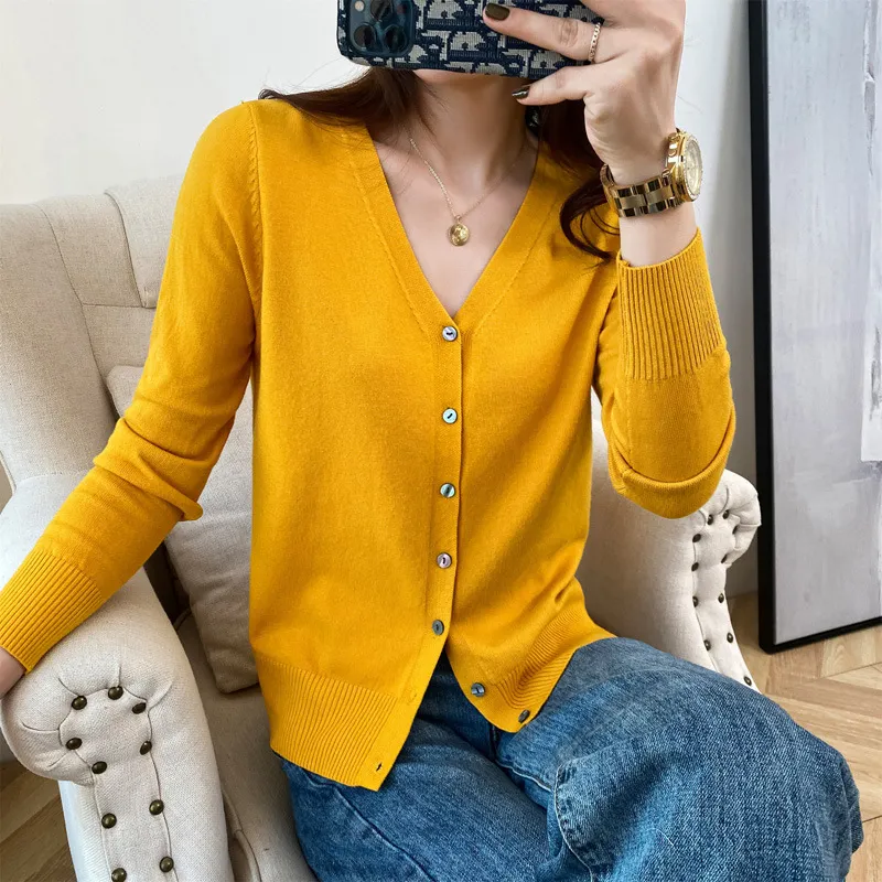 Cardigan V-neck Sweater Loose Bottoming Sweater - Turmeric-L