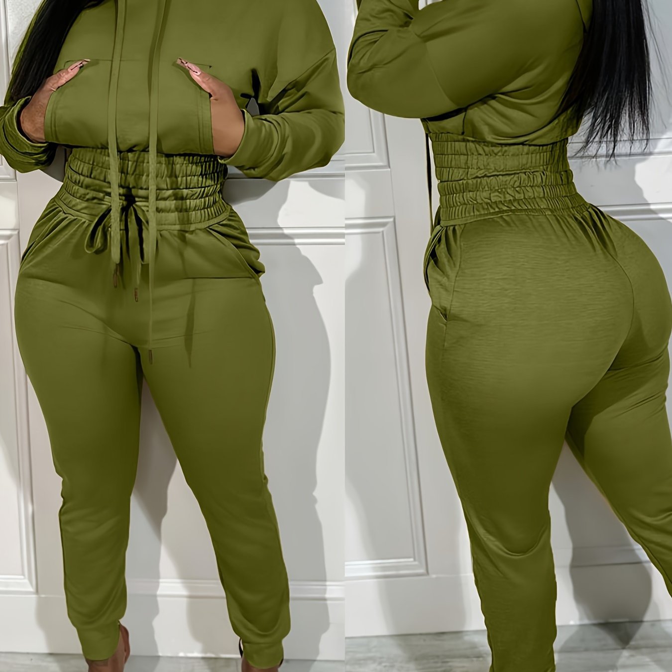 Girdle Casual Hoodie And Cuff Jogging Sweatpants Green - Shop at LoveMi