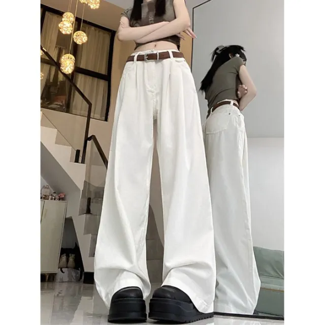 High Waist Loose And Slimming Khaki Wide Leg Jeans White - Shop at LoveMi