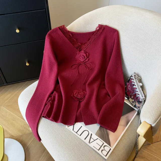 Lace V neck Long sleeve Knitwear Women's Button Design Slim Top Red - Shop at LoveMi
