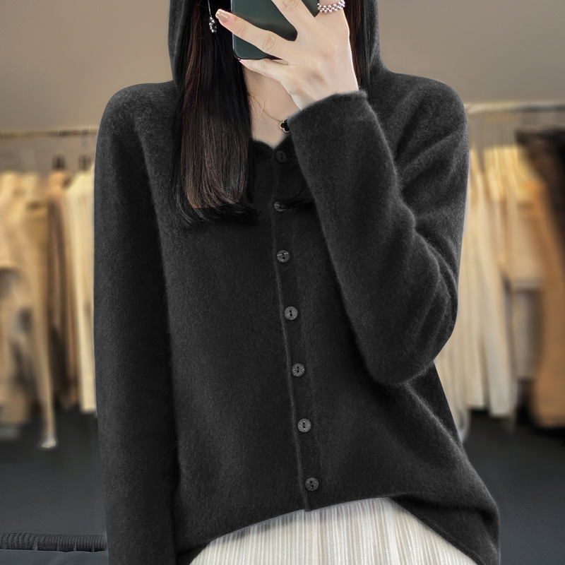 Pure Wool Sweater Women Cardigan Autumn And Winter Sweater Black - Shop at LoveMi