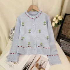 Women's Patchwork Flower Knitted Cardigan Round Neck Casual Sweater - Blue - View 1