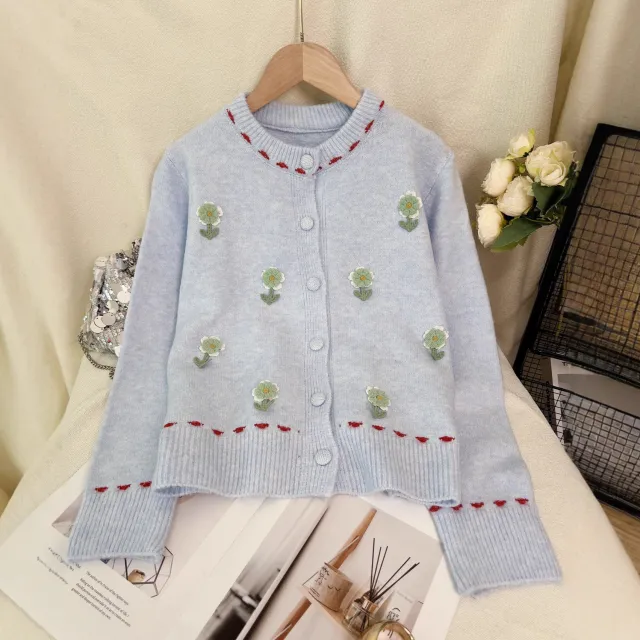 Women's Patchwork Flower Knitted Cardigan Round Neck Casual Sweater Blue - Shop at LoveMi