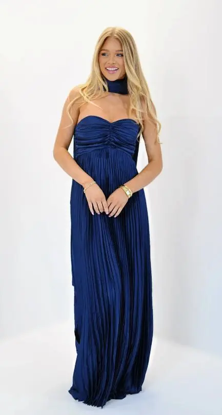Women's Party Silk like Pleated Simple Dress Dark Blue - Shop at LoveMi