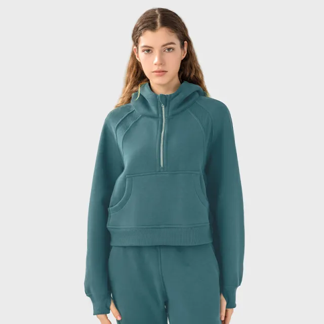 Autumn And Winter Hoodie Half Zipper Sweater Women's Short Casual Loose All Match Sports Top Green Stone - Shop at LoveMi