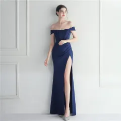 Female Solid Color Off Shoulder One Neck Slit Dress - Blue - View 1