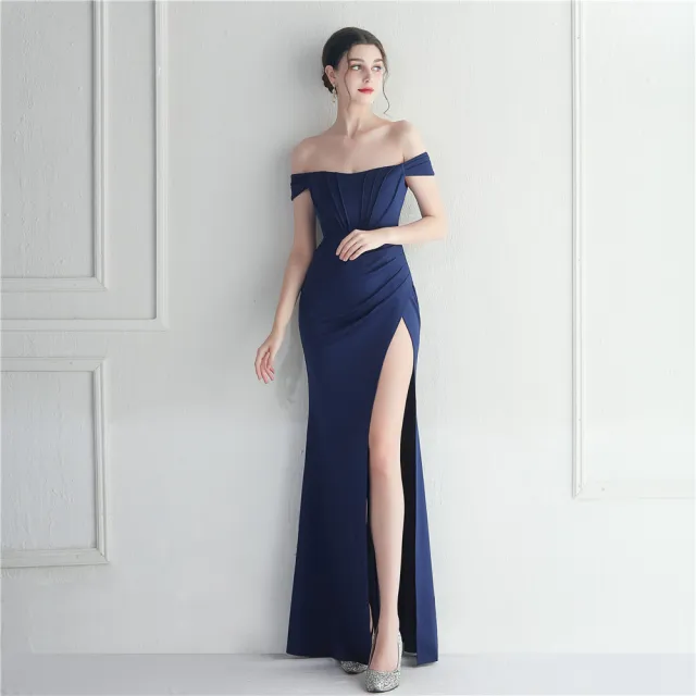 Female Solid Color Off Shoulder One Neck Slit Dress Blue - Shop at LoveMi