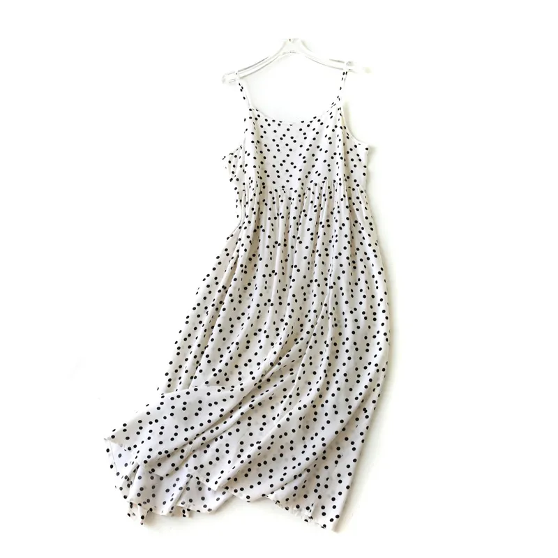 Long Floral Cotton Silk Waist Trimming Spaghetti Straps Dress - White Polka Dot