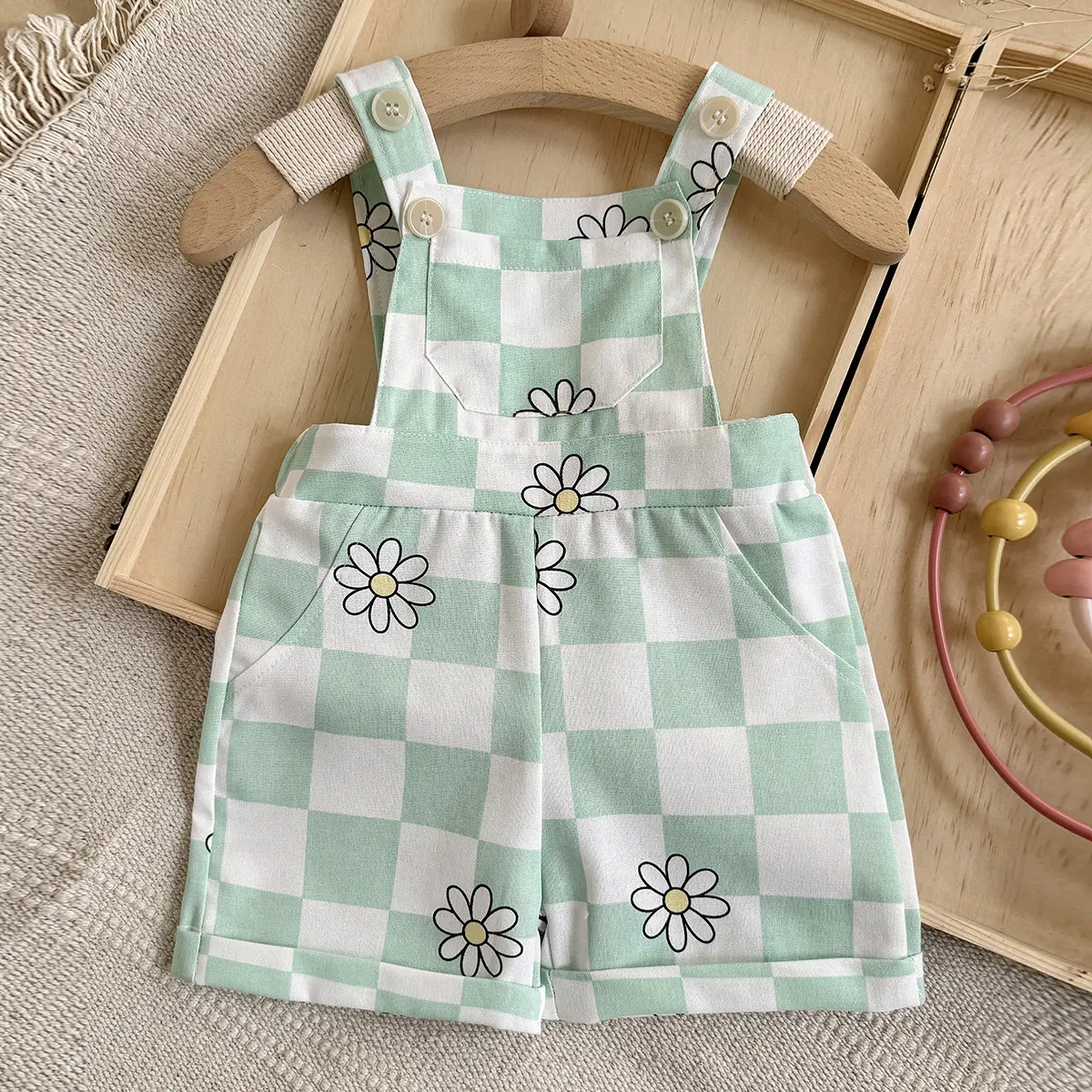 Childrens New Summer Checkered Suspender Pants