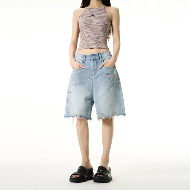 Ripped Retro Rhinestone Wide leg Denim Shorts Blue - Shop at LoveMi