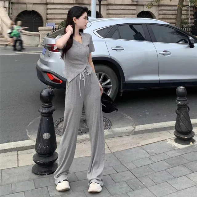 Short Sleeve Cardigan Top And Wide leg Pants Two piece Set Gray - Shop at LoveMi