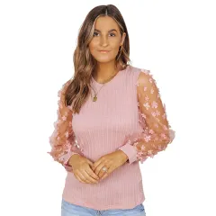 Women's Mesh Small Flower Chiffon Shirt Summer Round Neck Long Sleeve Top - Pink - View 1