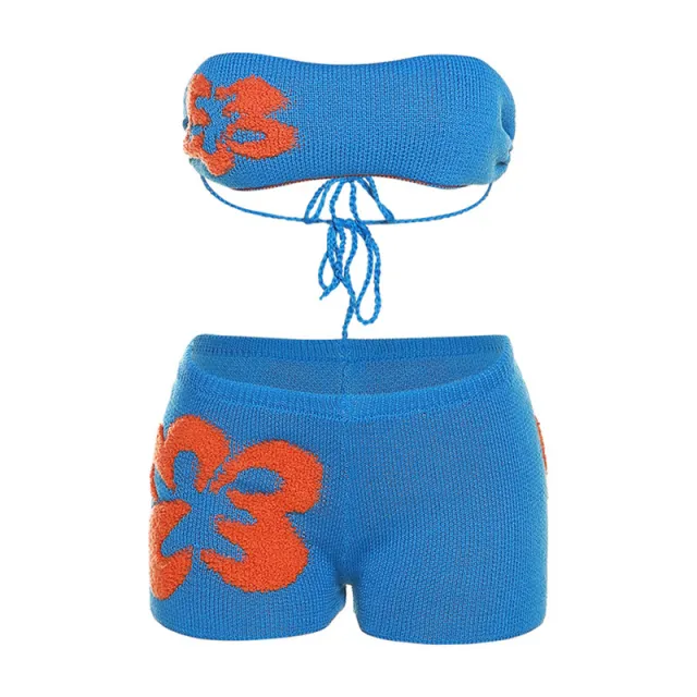 Summer Women's Low Collar Knitted Contrast Color Bandeau Slim fit Casual Shorts Suit Blue - Shop at LoveMi