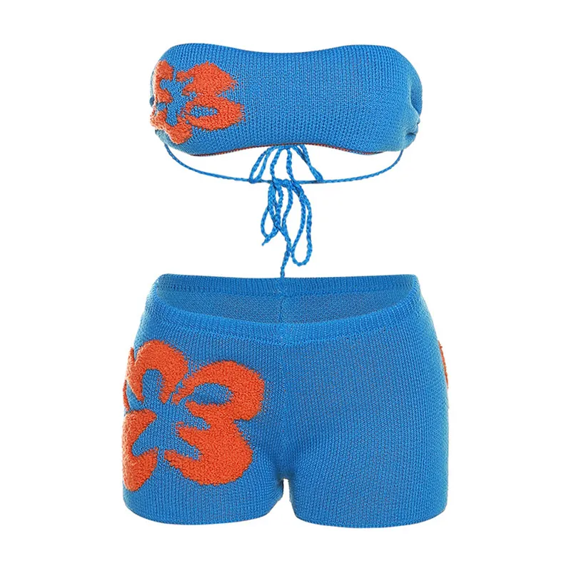 Summer Women's Low Collar Knitted Contrast Color Bandeau Slim-fit Casual Shorts Suit - Blue