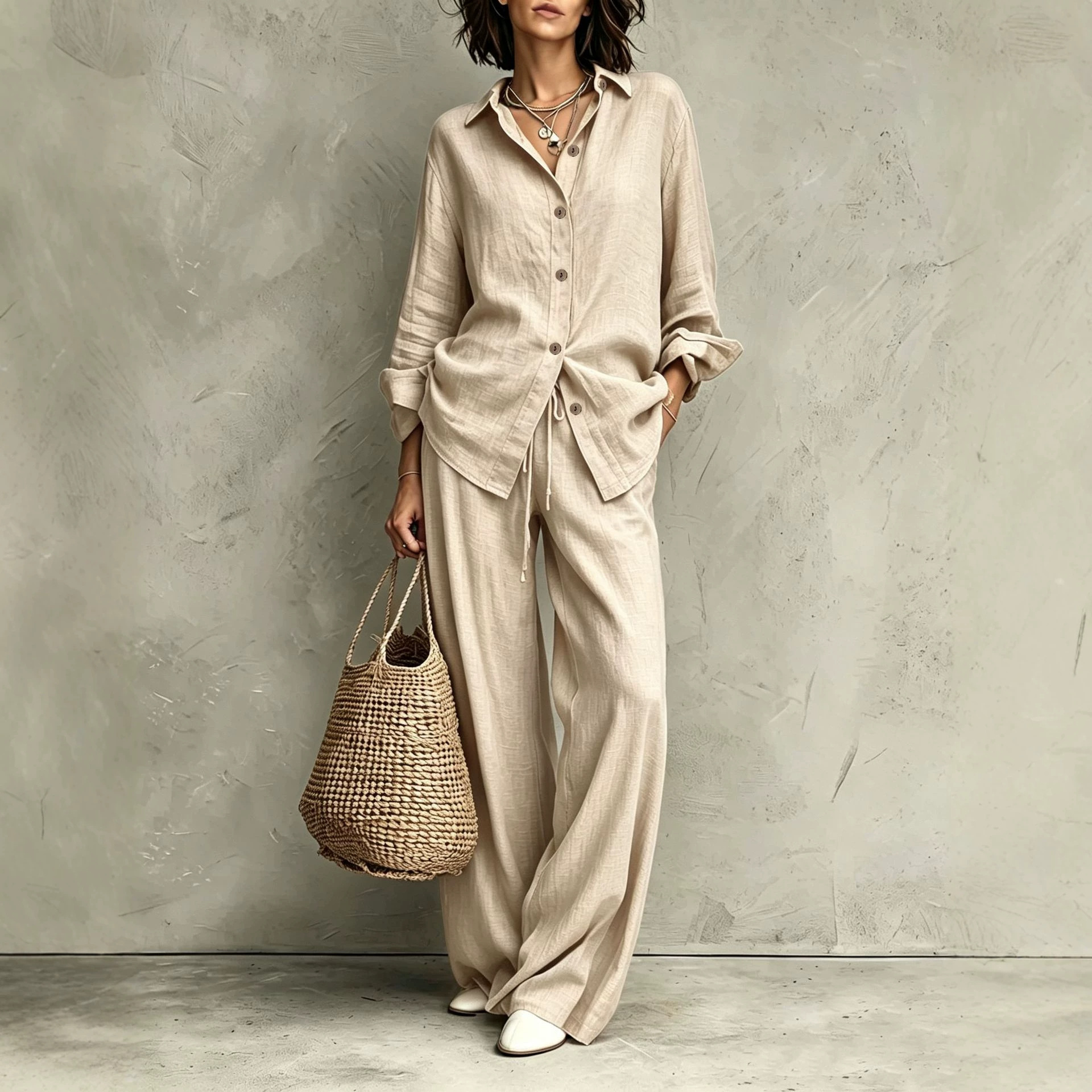 Casual Button-down Shirt And Wide-leg Pants Set