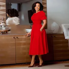 Elegant Waist-controlled Large Hem Puff Sleeve African Dress - Red Belt - View 1