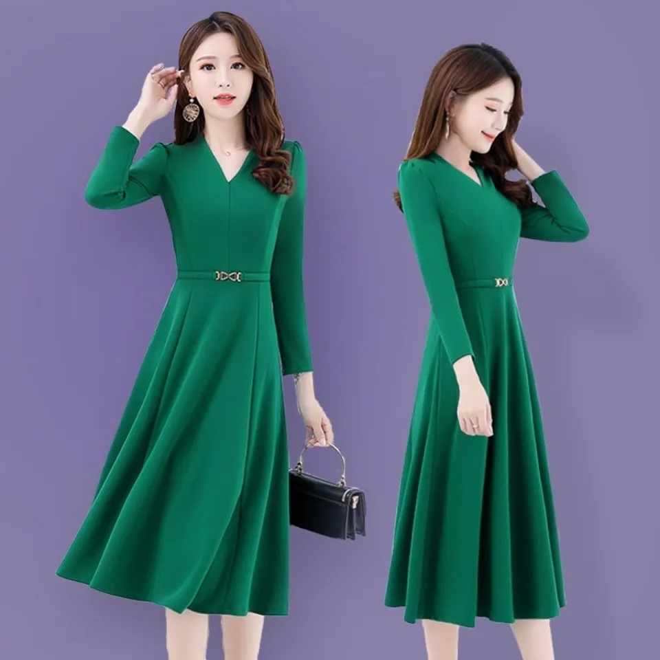 Autumn Longsleeve Kneelength Vneck Maxi Dress