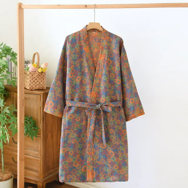 Women's SpringSummer Jacquard Woven Pure Cotton Double Layer Gauze Nightgown Little Daisy Blue - Shop at LoveMi