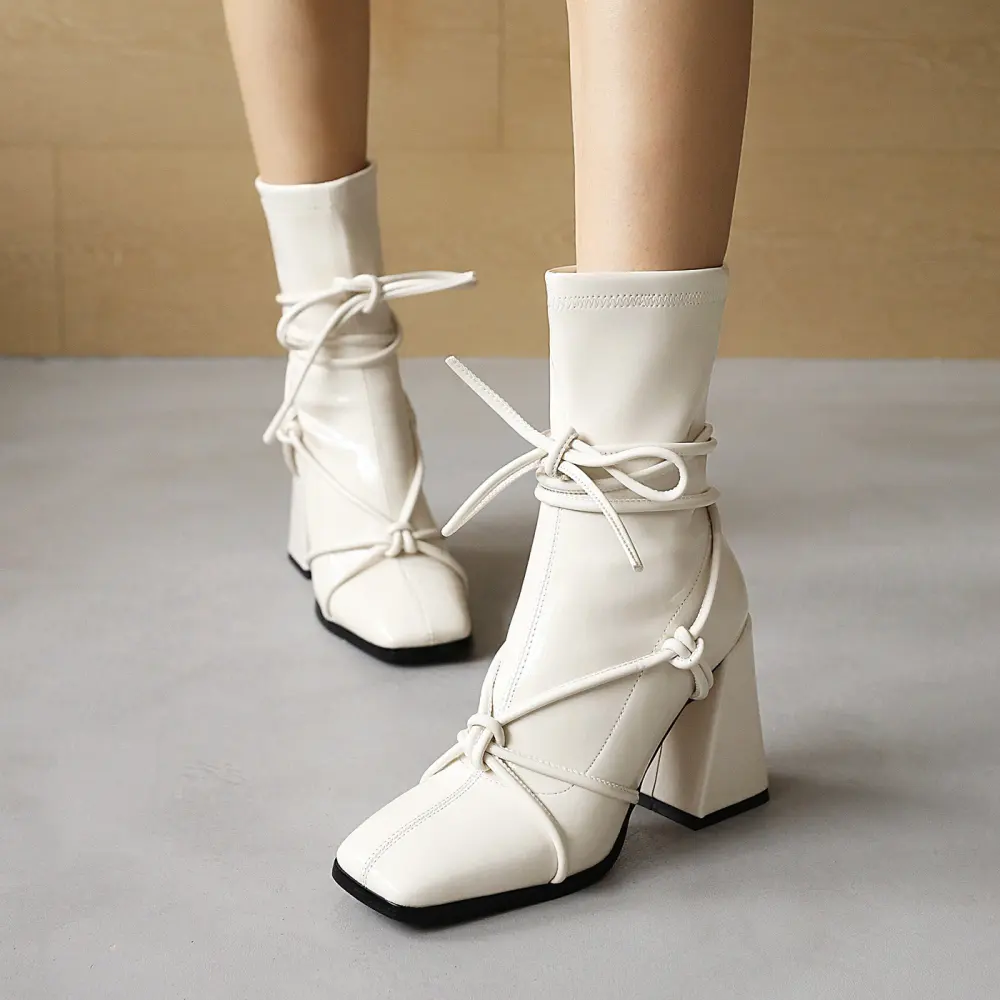 Lace Up Thick High Heel Square Head Women's Ankle