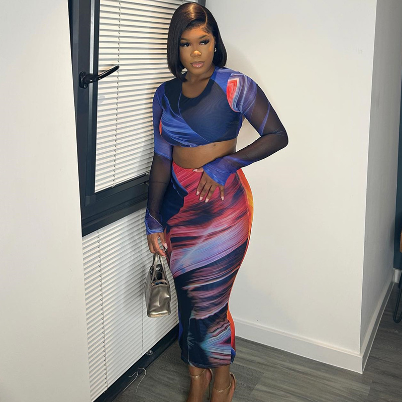 Printed Top Long Sleeve Backless Lace-up Sheath Skirt Suit Skirt Two-piece Suit