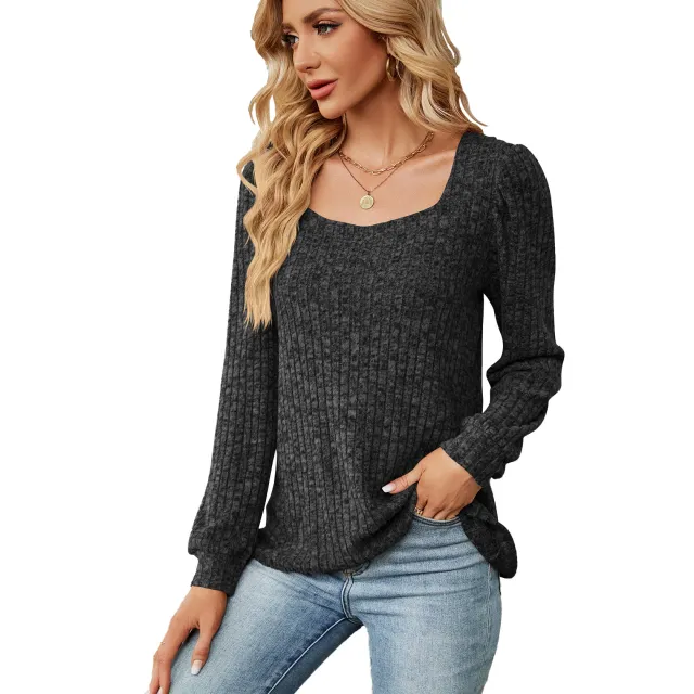 Women's Solid Color Rib Fabric Square Collar Loose Long sleeved T shirt Top Black - Shop at LoveMi
