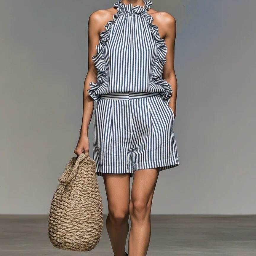 Casual Sleeveless Striped Lace T-shirt Top And Shorts