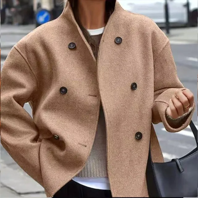 Women's Casual Double Breasted Solid Color Woolen Overcoat Coat Camel - Shop at LoveMi