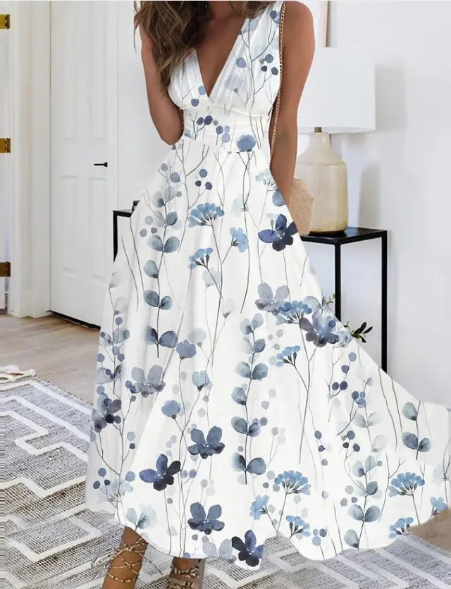 Printed V neck Loose Plain Elegant Dress Sky Blue - Shop at LoveMi