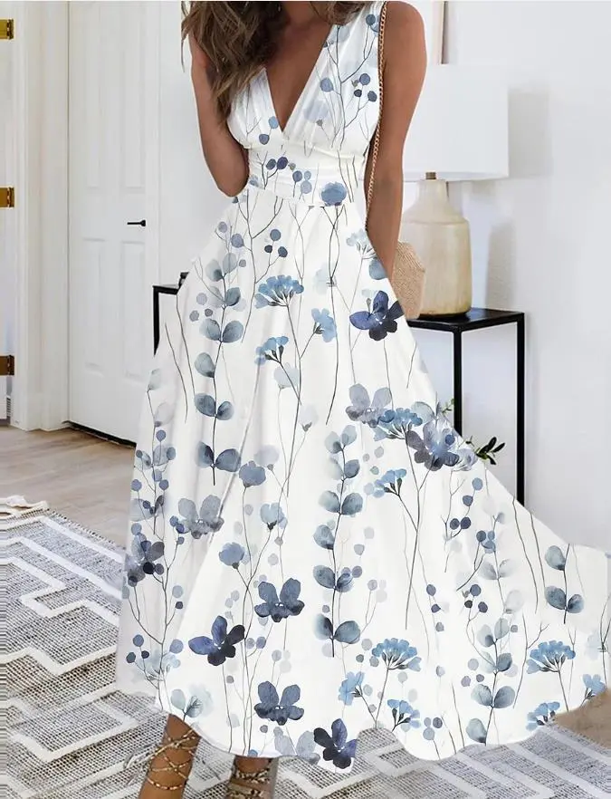 Printed V-neck Loose Plain Elegant Dress - Sky Blue