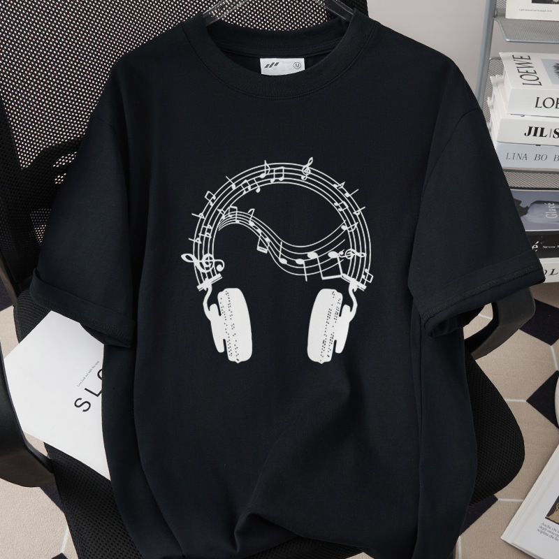 Music And Headphones Creative Print T-Shirt Loose Fit