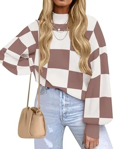 Women's Fashion High Collar Long Sleeve Striped Rib Sweater Lotus Color Plaid S - Shop at LoveMi