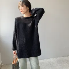Women's Round Neck Loose Long Sleeve Sweater - Black - View 1