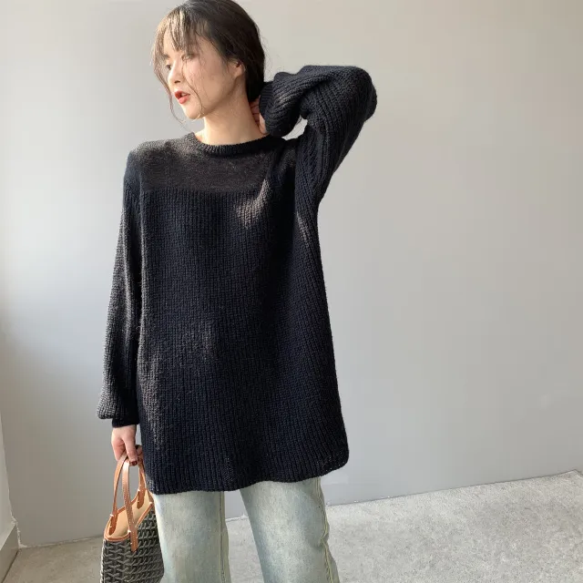 Women's Round Neck Loose Long Sleeve Sweater Black - Shop at LoveMi
