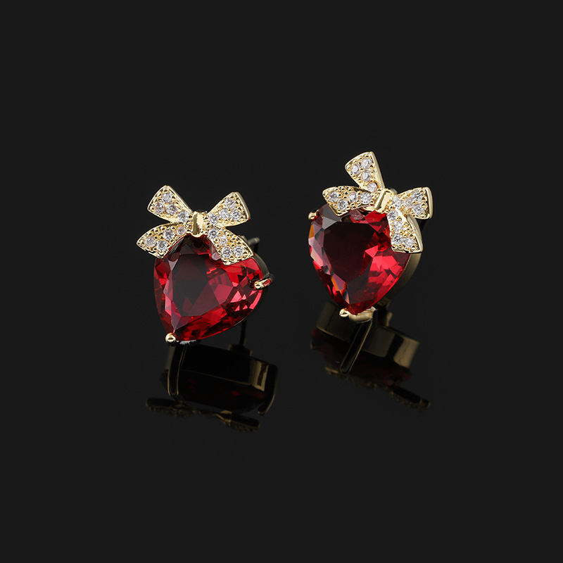 Red Loving Heart Zircon Earrings Bow Ear Clip