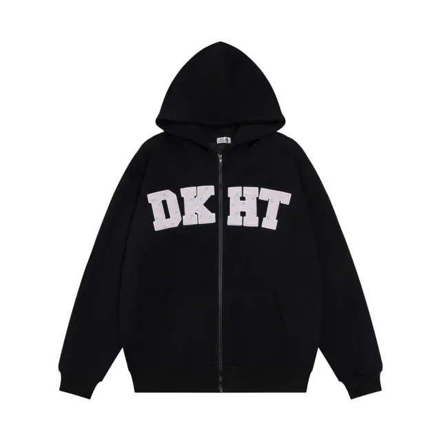Letter Embroidery Hooded Cardigan Sweater Men's Black - Shop at LoveMi