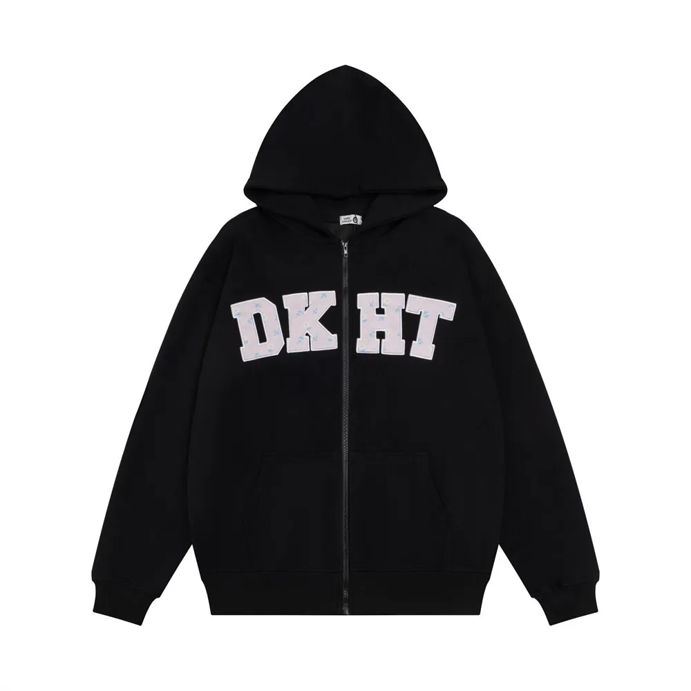 Letter Embroidery Hooded Cardigan Sweater Men's - Black