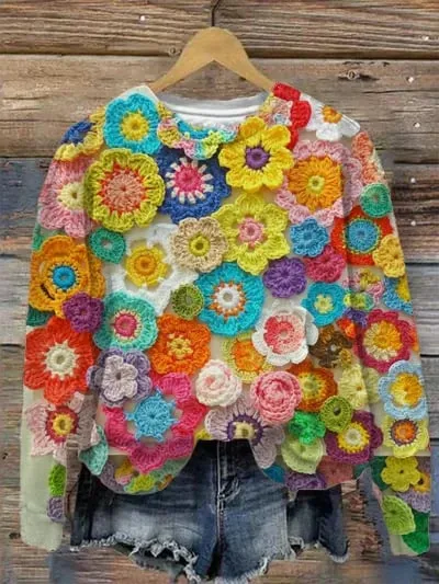 Women's Printed Round Neck Sweater Pullover Leisure Loose Pullover Street Style D382 - Shop at LoveMi