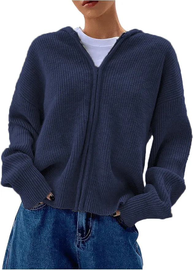 Loose Fitting Casual Cardigan Sweater With A Chunky Knit And Zipper Navy Blue - Shop at LoveMi