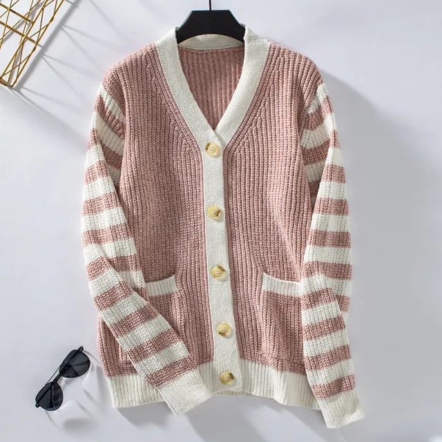Women's Striped Sweater Loose Button Sweater Pink - Shop at LoveMi